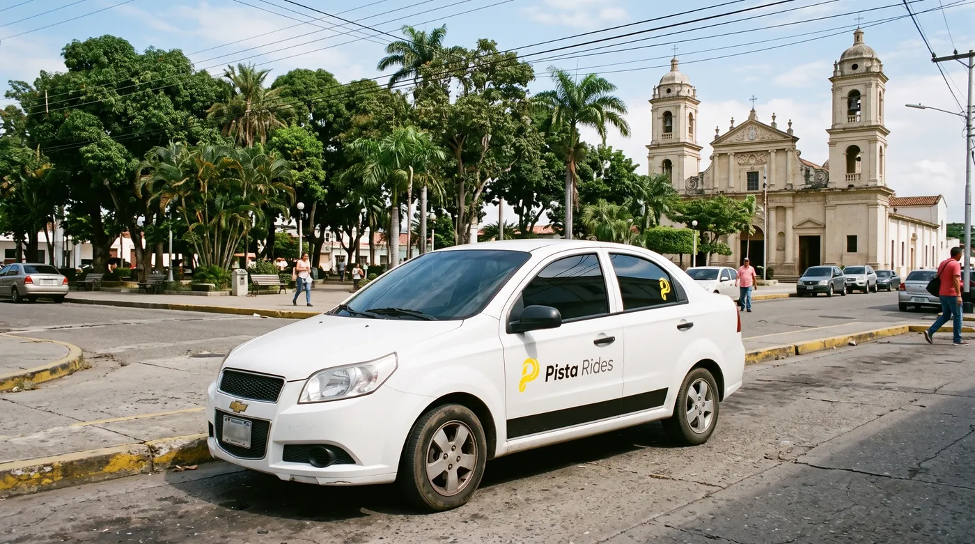 Carro rotulado de Pista Rides frente a la Plaza Bolívar de Guanare, con la catedral al fondo